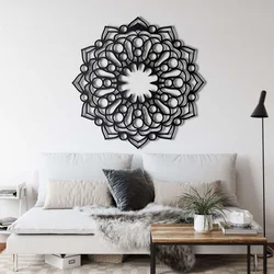 WallXpert metalni zidni ukras 5093, mandala cvet sa kružićima i laticama, 58 x 58 cm, crni