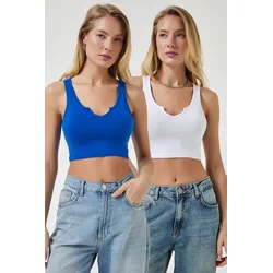 Happiness Istanbul Womens Cobalt Blue White Strappy 2-Pack Crop Knitted Blouse