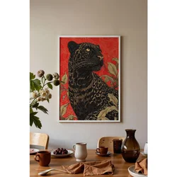 WallXpert uramljena slika 115265, crni panter sa lišćem na crvenoj pozadini, 30 x 40 cm, beli ram