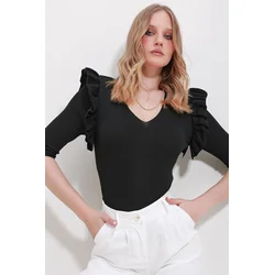 Trend Alaçati Stili Womens Black V-Neck Frilly Knitwear Blouse