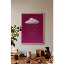 WallXpert uramljena slika 115233, beli oblak sa zlatnim kapima kiše na ciklama pozadini, 30 x 40 cm, beli ram