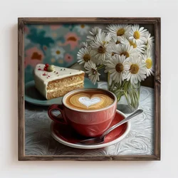 WallXpert uramljena MDF slika DOS034-33, šolja kapućina sa srcem, kolač i bele rade, 34 x 34 cm