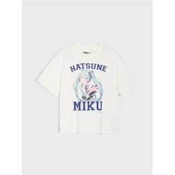 Sinsay - Pamučna oversize majica s printom Hatsune Miku - krem