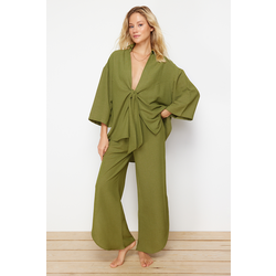 Trendyol Khaki Woven Tie Linen Blend Shirt Trouser Suit