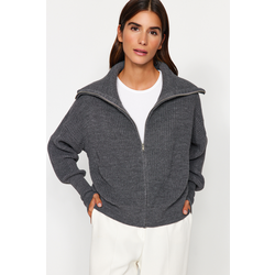 Trendyol Anthracite Zippered Turndown Collar Knitwear Cardigan