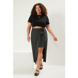 Trendyol Curve Anthracite Bow/Lace Midi Woven Plus Size Skirt