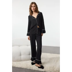 Trendyol Black Lace and Flounce Detailed Viscose Woven Pajama Set