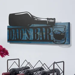 WallXpert zidni ukras od drveta i metala Reserva, natpis „Dad’s Bar“ sa bocom i čašom, 56 x 23,5 cm, plavo drvo / crni