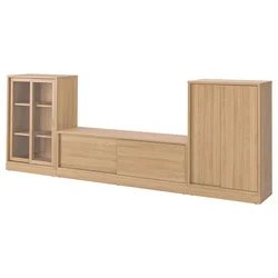 TONSTAD TV/komb.za odlag. s kliz. vratima, hrastov furnir/bistro staklo, 342x37x120 cm
