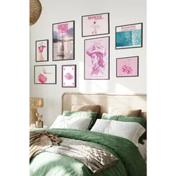 WallXpert set od 8 manjih uramljenih slika Çgs-020, roze kaubojski motivi – Howdy, kaubojka, čizme i trešnje disko kugle, crni ram