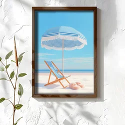 WallXpert uramljena MDF slika NAL153-70, suncobran i ležaljka na plaži u plavo-belim prugama, 50 x 70 cm