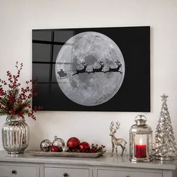 WallXpert slika na kaljenom staklu CAM12361, Deda Mraz u saonicama sa irvasima ispred punog meseca, 50 x 70 cm