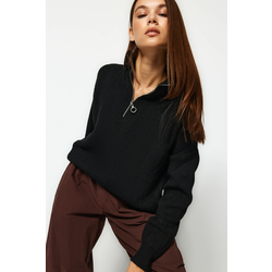 Trendyol Black Soft Textured Zippered Knitwear Sweater