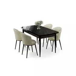 HANAH HOME Rasklopivi trpezarijski sto i stolice (5 delova) Asfel Black Marble Cream