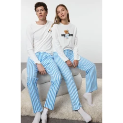 Trendyol Womens Couple White 100% Cotton Striped Teddy Bear Knitted Pajama Set