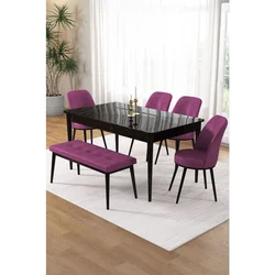 Hanah Home trpezarijski set Pir, sto, 4 stolice i klupa, ploča u dekoru crnog mermera, ljubičasta tkanina Babyface