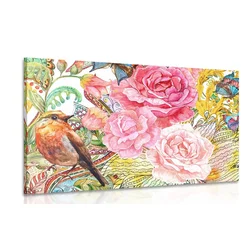 Slika vintage ptič z rožami - 90x60