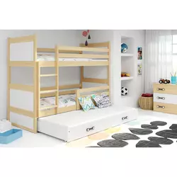 Drveni dečiji krevet na sprat Rico sa tri kreveta - bukva - beli - 200x90 cm