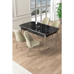 Hanah Home trpezarijski set Pale, sto na razvlačenje i 4 stolice, ploča u dekoru crnog mermera, hromirane noge, krem tkanina Babyface