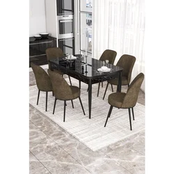 Hanah Home trpezarijski set Via, sto na razvlačenje i 6 stolica, ploča u dekoru crnog mermera, braon tkanina Jerry