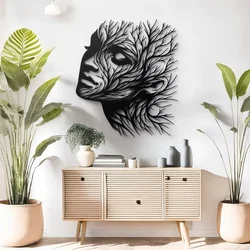 WallXpert metalni zidni ukras DCV-1078-MT, ženski profil od grana drveta, 80 x 80 cm, crni