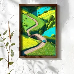 WallXpert uramljena MDF slika NAL149-70, vijugavi put i kameni most kroz zelena polja, 50 x 70 cm