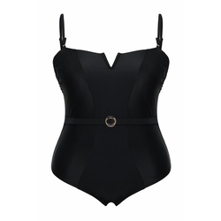 Trendyol Curve Black Square Neck V Neck Detail Beli Belted Plus Size Swimsuit