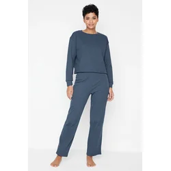 Trendyol Navy Blue Corded Cotton T-shirt-Pants Knitted Pajama Set