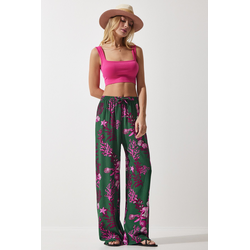 Happiness Istanbul Womens Dark Green Fuchsia Patterned Flowing Viscose Palazzo Trousers