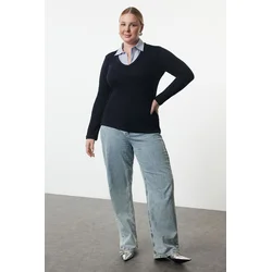 Trendyol Curve Navy Blue Single Jersey Knit Plus Size Blouse