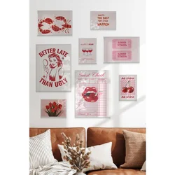 WallXpert set od 8 manjih uramljenih slika Çgs-054, retro motivi u roze i crvenoj – pin-up žena, usne, trešnje, tulipani i karte, beli ram