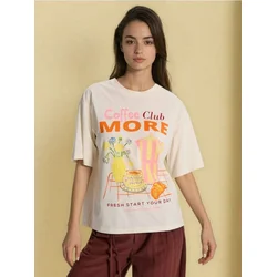 Sinsay - Pamučna majica s motivom kafe i natpisom „Coffee Club More” - krem