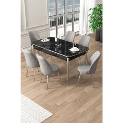 Hanah Home trpezarijski set Pale, sto na razvlačenje i 6 stolica, ploča u dekoru crnog mermera, hromirane noge, siva tkanina Babyface