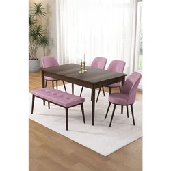 Hanah Home trpezarijski set Pir, sto, 4 stolice i klupa, ploča u dekoru drveta Baroque, roze tkanina Babyface