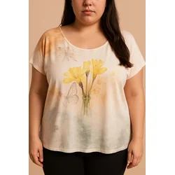 Plus size top s potiskom, rumen