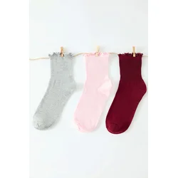 Trendyol Claret Red-Powder-Grey 3-Pack Cotton Elastic Mouth Lettuce Detailed Knitted Socks