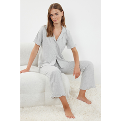 Trendyol Gray Melange 100% Cotton Solid Ruffle Single Jersey Knitted Pajama Set