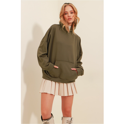 Trend Alaçati Stili Womens Khaki Hooded Kangaroo Pocket 3 Thread Thick Sweatshirt