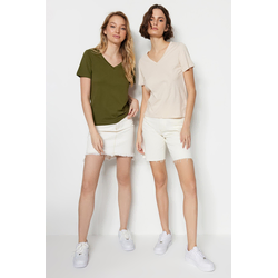 Trendyol Khaki-Beige 100% Cotton 2-Pack Basic V-Neck Knitted T-Shirt