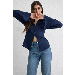 Trendyol Dark Navy Textured Fitted Waist Woven Shirt