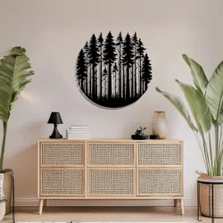 WallXpert metalni zidni ukras DCV-1030-MT, šuma četinara u krugu, 50 x 50 cm, crni