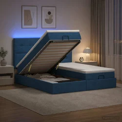Vidaxl Otomanska postelja z vzmetnico in LED Modra 200 x 200 cm Blago