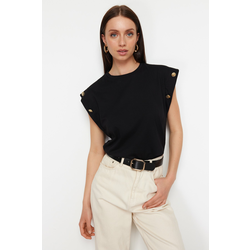 Trendyol Black 100% Cotton Button Detailed Wadding Look Basic Crew Neck Knitted T-Shirt