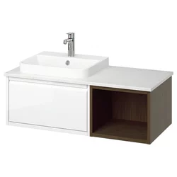 ÄNGSJÖN / BACKSJÖN Postolje umiv/umiv/slavina, bela vis. sjaja/imit. braon hrasta/bela im. mermera, 102x49x41 cm