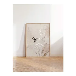 WallXpert uramljena slika 115239, kolibri među belim poljskim cvetovima u bež tonovima, 50 x 70 cm, ram u boji prirodnog drveta