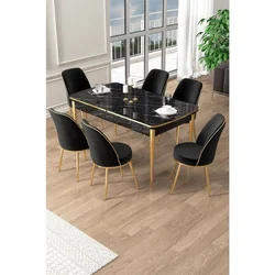Hanah Home trpezarijski set Pale, sto na razvlačenje i 6 stolica, ploča u dekoru crnog mermera, zlatne noge, crna tkanina Babyface
