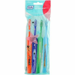 TePe Kids zobna ščetka ekstra soft 4 kos Orange & Dark Blue & Dark Green & Light Blue (Small Toothbrush with Tapered Brush Head)