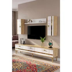 Hanah Home TV komoda Ilay, hrast Sapphire / bela / zlatna
