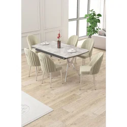Hanah Home trpezarijski set Sim, sto na razvlačenje i 6 stolica, siva ploča Rampla, hromirane noge, krem tkanina Babyface