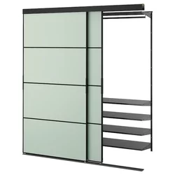 SKYTTA / BOAXEL Garderober s kliznim vratima, crna metal/Mehamn svetlozelena, 177x65x205 cm